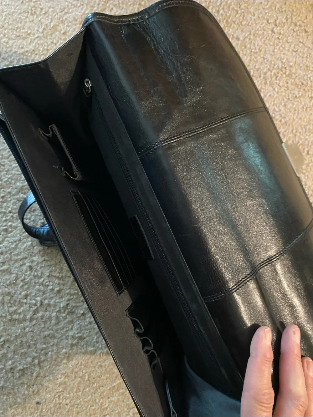 Torino Series by Castello Black Leather Flap Briefcase with Silver Hardware
